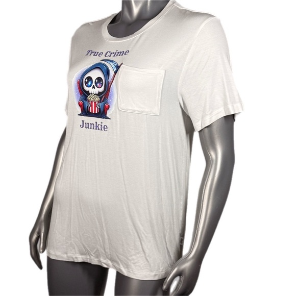 The Blind Medium | White True Crime Junkie Cute Reaper Graphic Tee - Picture 6 of 8